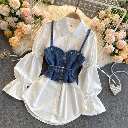 Neploe Two Piece Outfits for Women Vintage Casual Suit Puff Sleeve Loose Shirt Tops Denim Sling Vest Korean Chic 2 Piece Set