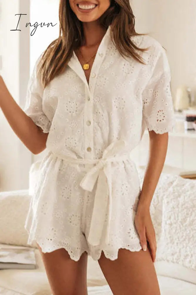 Ingvn - Sexy Solid Jacquard Embroidered Bandage Turndown Collar Loose Rompers White / S Jumpsuits &
