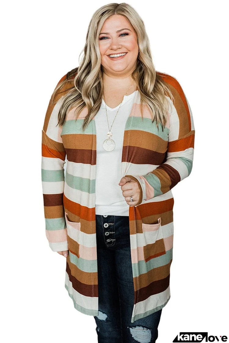 Stripe Print Open Front Plus Size Cardigan with Pocket