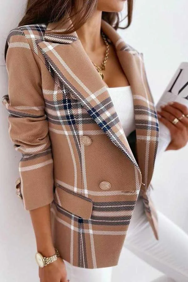 Fashion Double Breasted Plaid Print Jacket