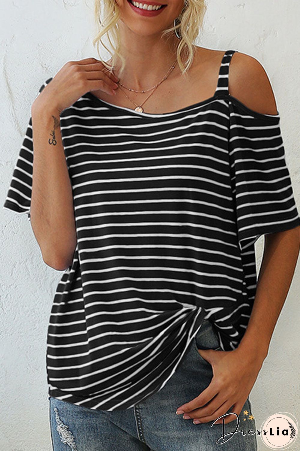 Fashion Street Striped Oblique Collar T-Shirts