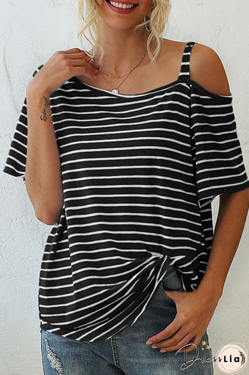 Fashion Street Striped Oblique Collar T-Shirts