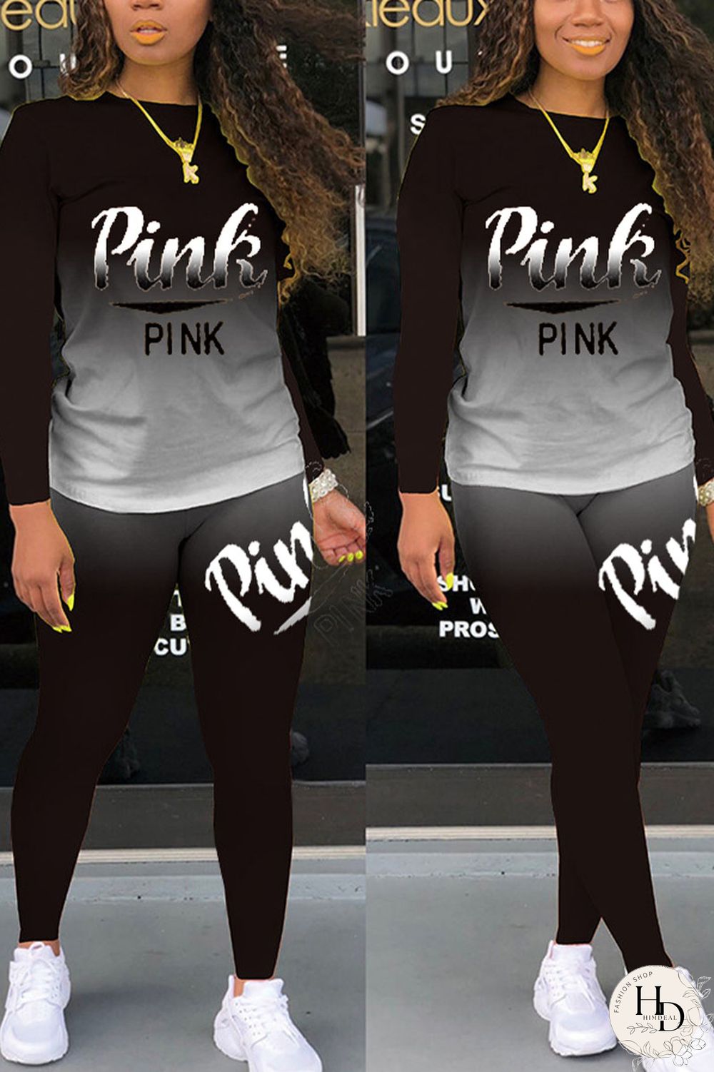 Red Casual Print Letter O Neck Long Sleeve Two Pieces