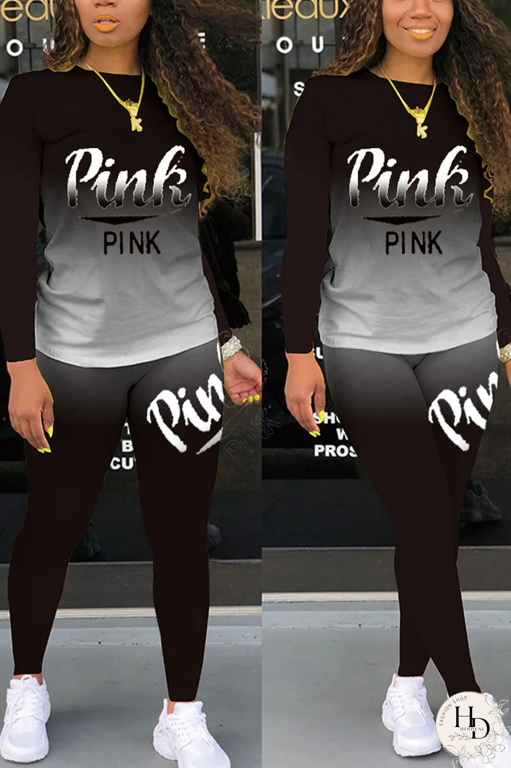 Red Casual Print Letter O Neck Long Sleeve Two Pieces