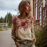 Women's Bohemian Style Spring Rose Gradient Color V-neck Long Sleeve Top - Image 2