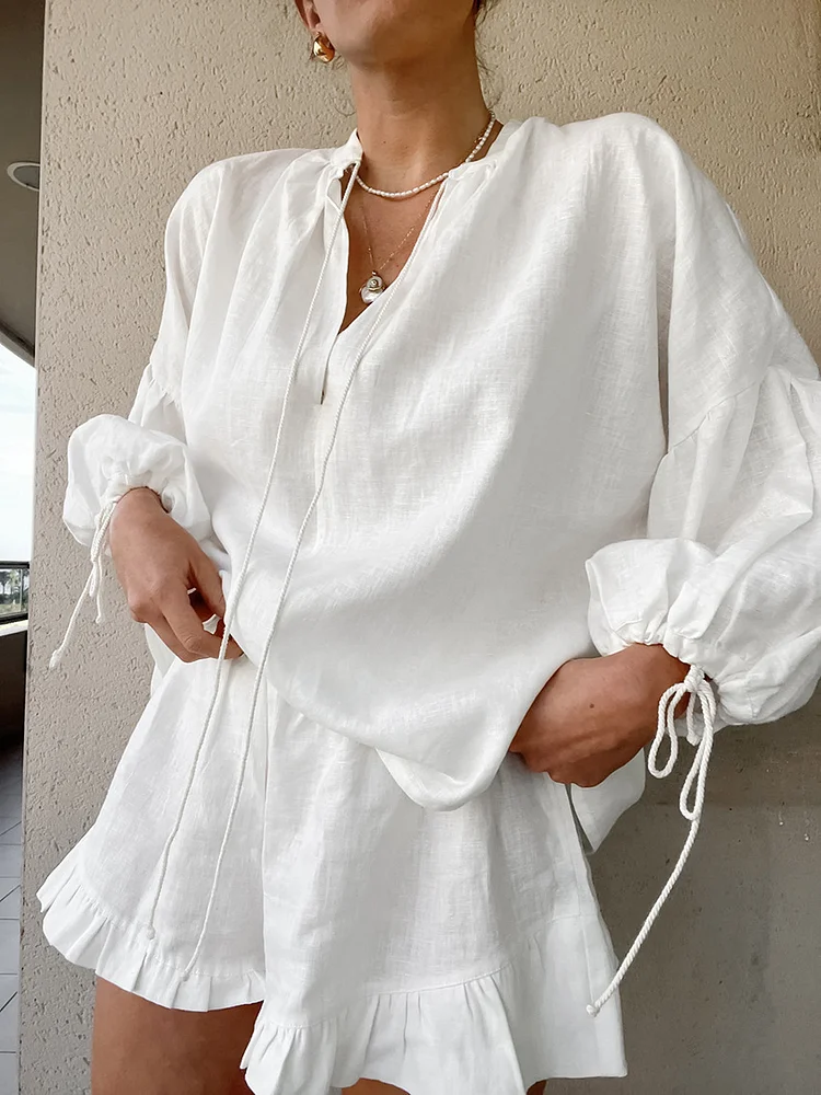 Women's Cotton Linen 2Piece Set Lantern Sleeve V-Neck Shirt Top and Pleated Short Pant