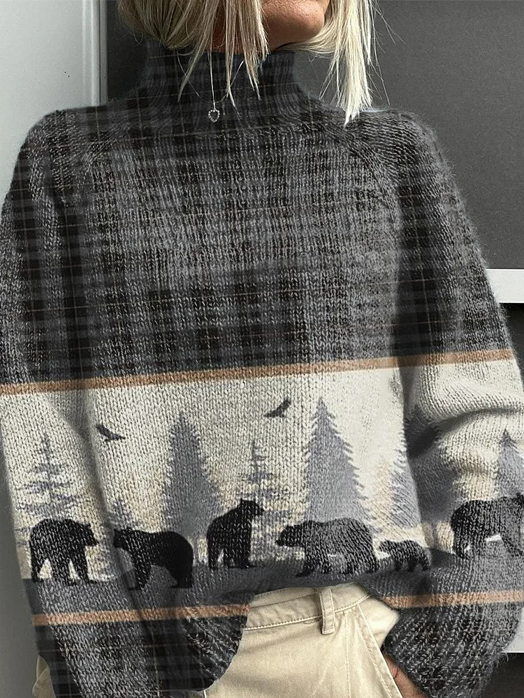 Retro Plaid Brown Bear Print Knit Turtleneck Pullover Sweater