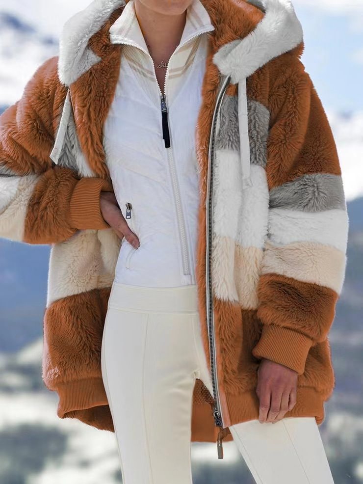 Fashion Women's Jacket Hooded Warm Plush Loose Jacket for Women Patchwork Winter Outerwear Faux Fur Zipper Ladies Parka Coat