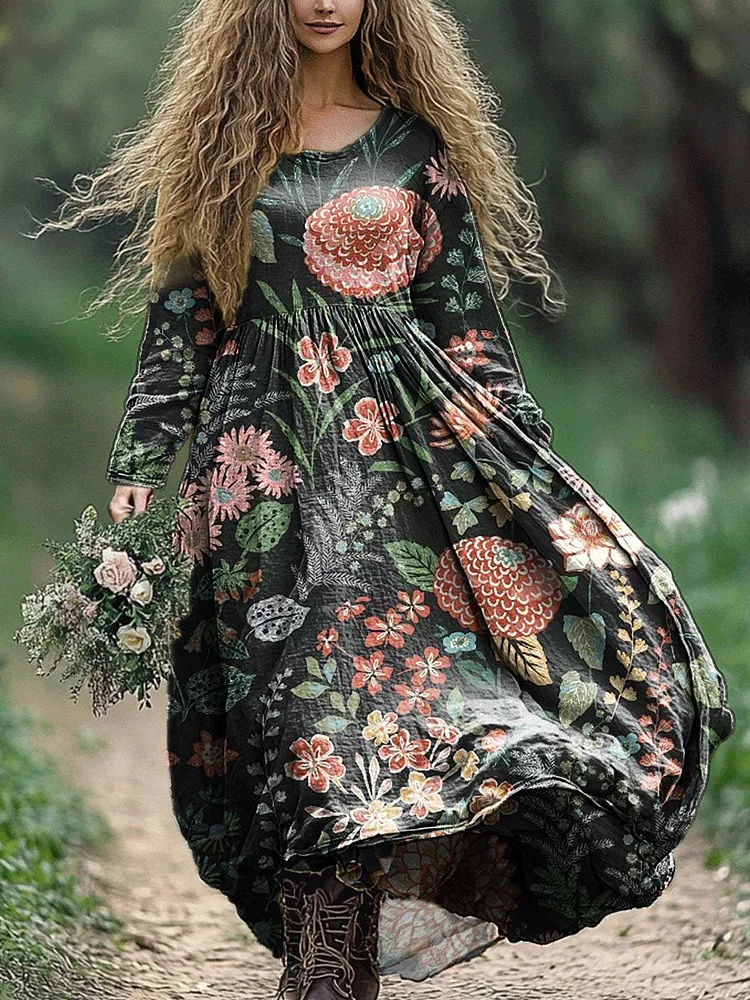 Women's Vintage Floral Art Print Pocket Cotton Dress