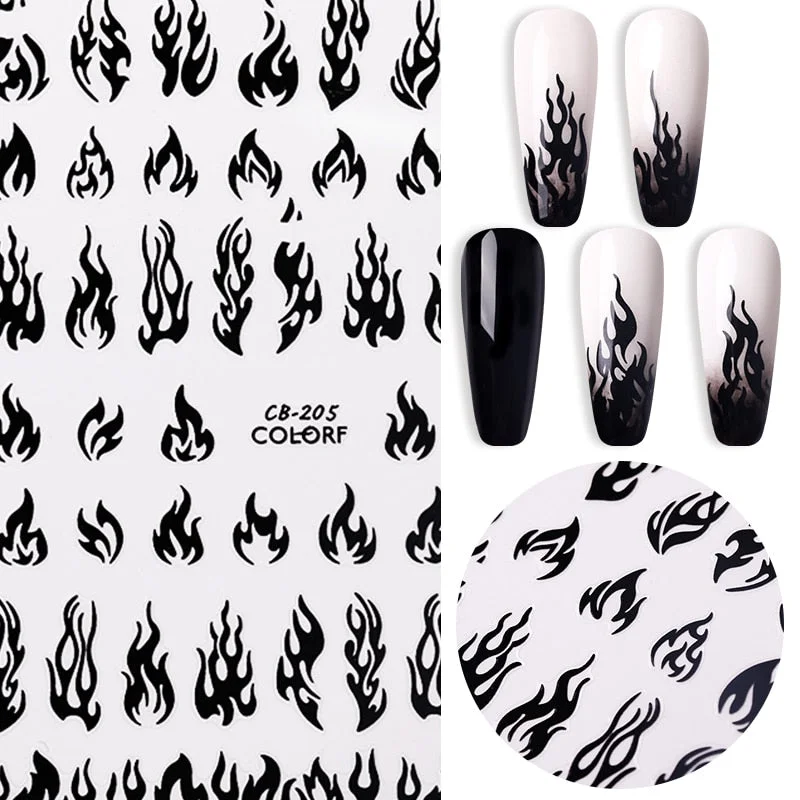 3D Iridescent Black White Design Fire Nail Stickers Sliders Manicures Accessories Decals DIY Nail Art Decorations Decor Tool