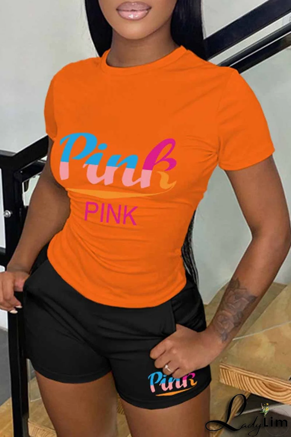 Pink Casual Print Letter O Neck Short Sleeve Two Pieces