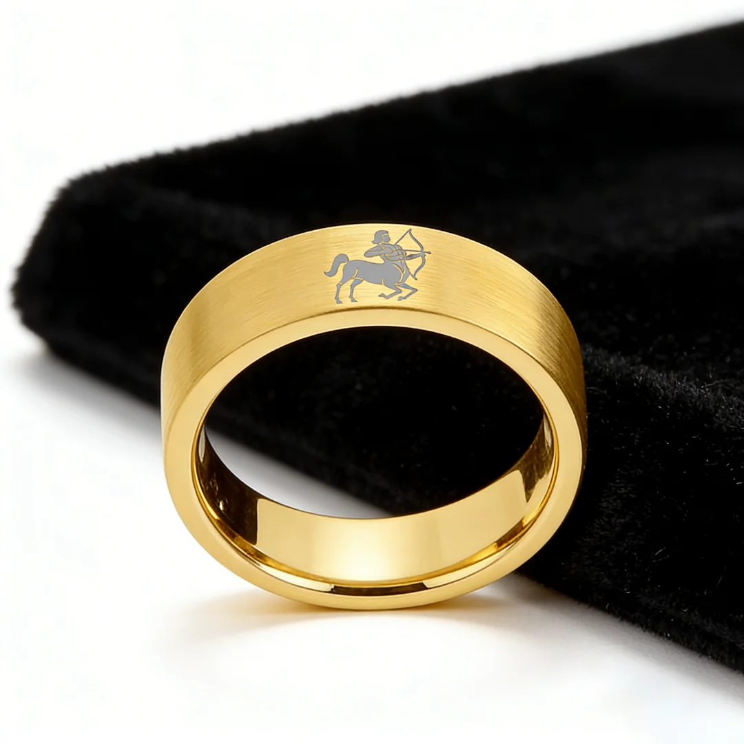 Gold Tungsten Carbide Rings Flat Sagittarius Wedding Band Flat Top Comfort Fit 4MM 6MM 8MM Width