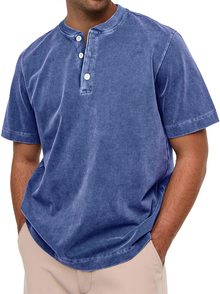 Men's Casual Vintage Button Solid Color Short Sleeve Henley Shirt