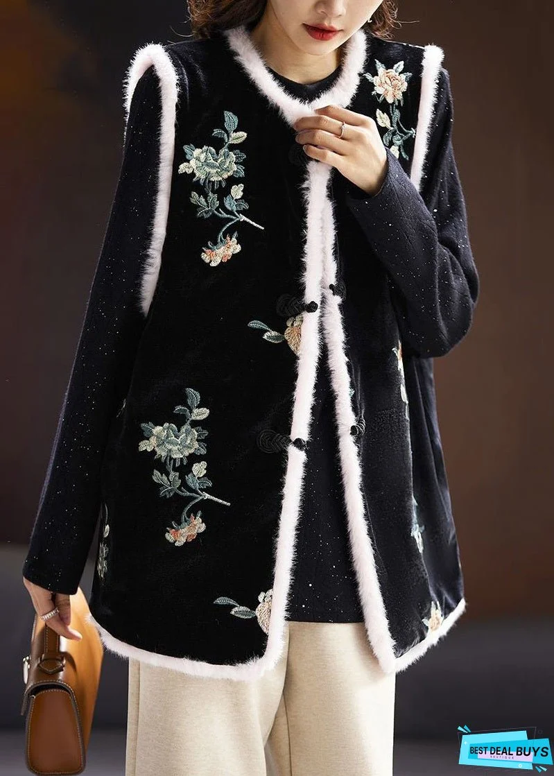 New Black Fluffy Embroideried Button Cotton Filled Waistcoat Sleeveless
