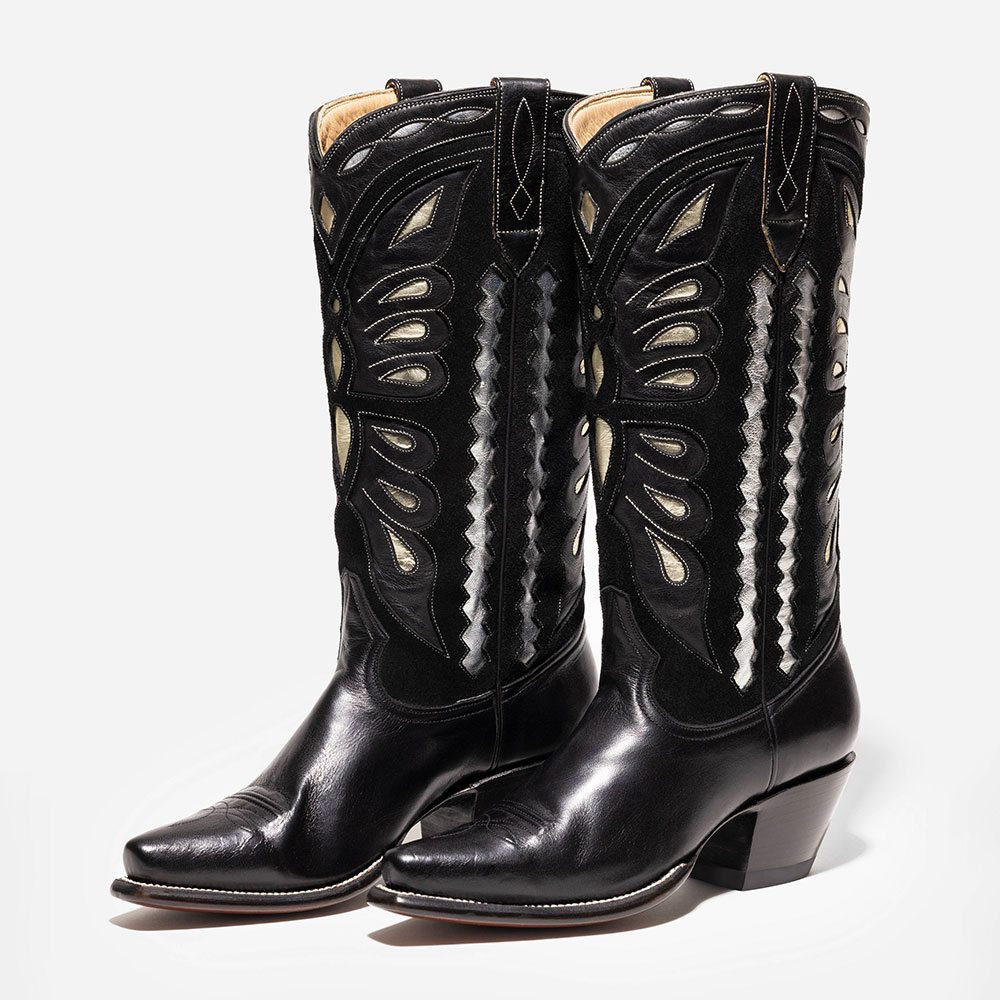 Black Snip Toe Laser Cut Detailing Mid-Calf Cowboy Boots for Women