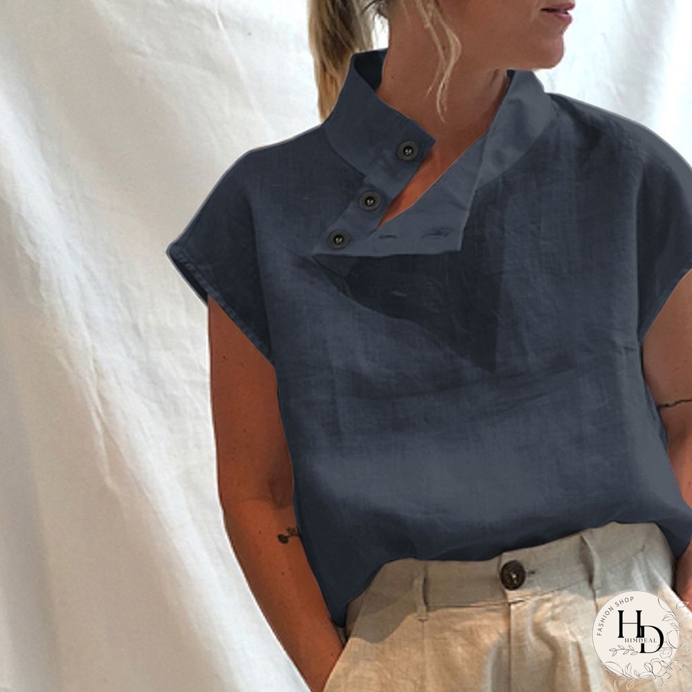 Summer Women Batwing Short Sleeve Blouse Cotton Linen High Collar Casual Loose Shirt Plus
