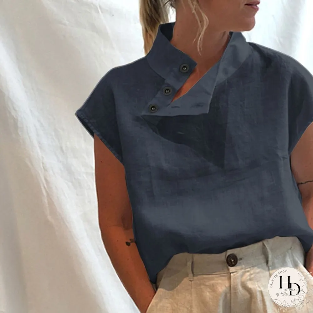 Summer Women Batwing Short Sleeve Blouse Cotton Linen High Collar Casual Loose Shirt Plus