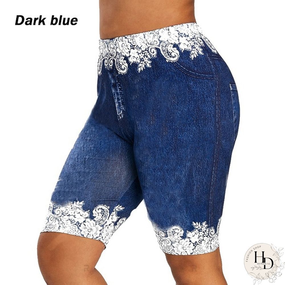 Womens Fashion New Plus Size Denim Leggings Summer Floral Printed Shorts Fitted Faux Jean