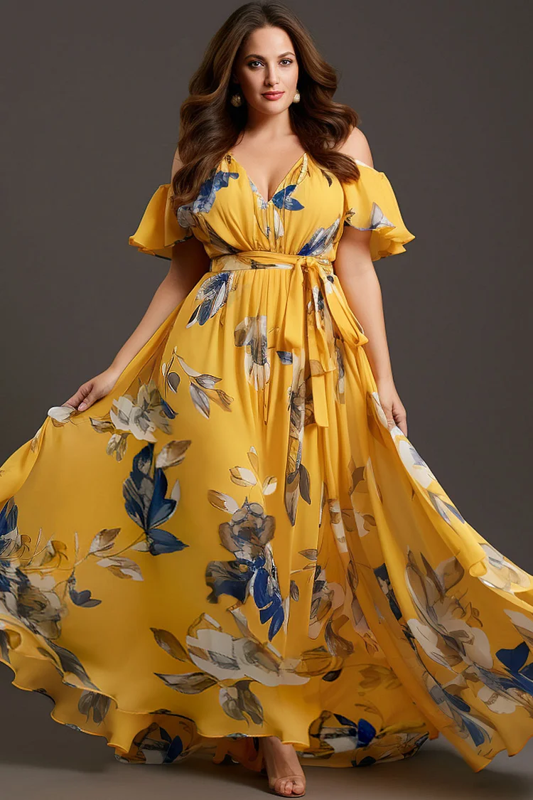Flycurvy Plus Size Vacation Yellow Floral Print Cold Shoulder Wrap Waist Maxi Dress  Flycurvy [product_label]