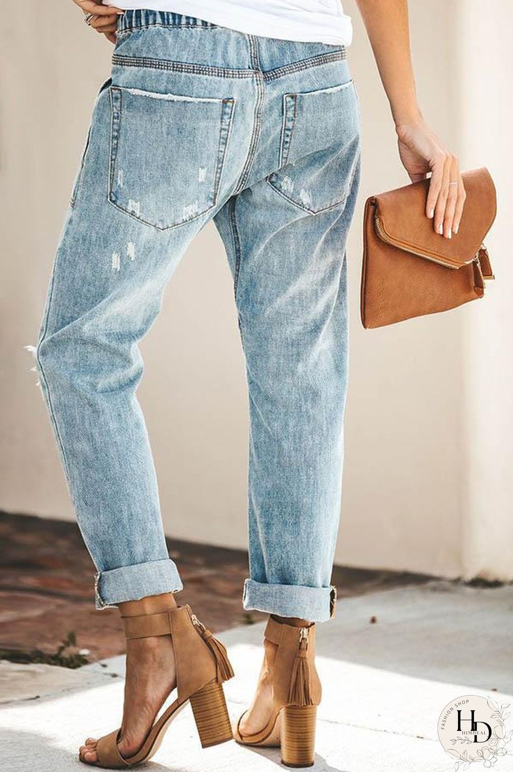 Drawstring Casual Blue Mom Jeans P11310