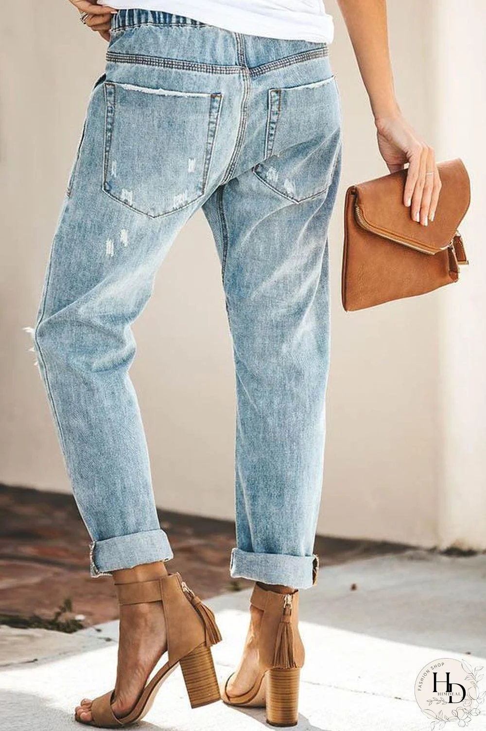 Drawstring Casual Blue Mom Jeans P11310