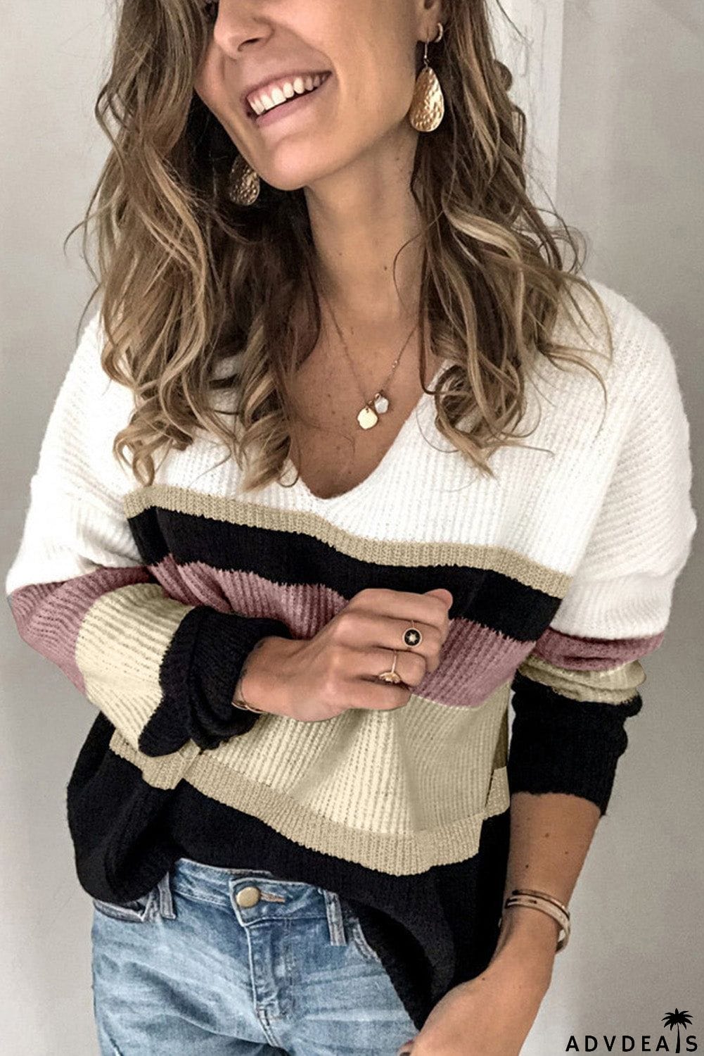 Khaki Colorblock V Neck Ribbed Knitted Sweater