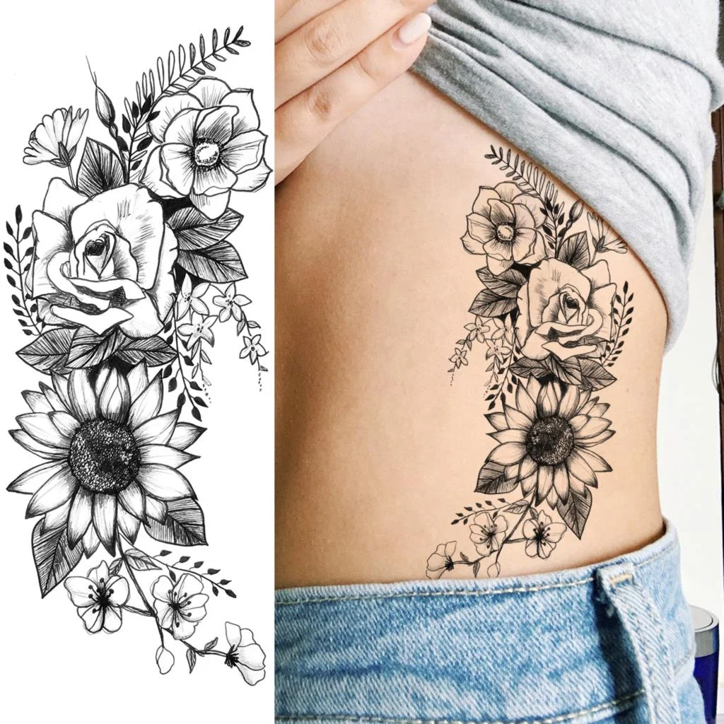 Sdrawing Peony Flower Moon Temporary Tattoos For Women Adult Rose Daisy Crown Fake Tattoo Fashion Washable Half Sleeve Tatoos