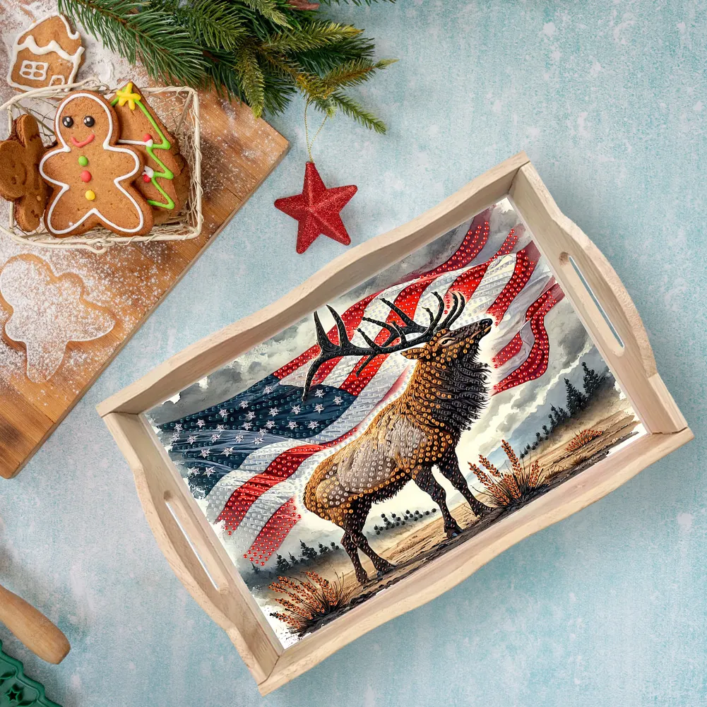 5D DIY Wooden US Flag Deer Diamond Painting Tray Art Craft for Desk Coffee Table