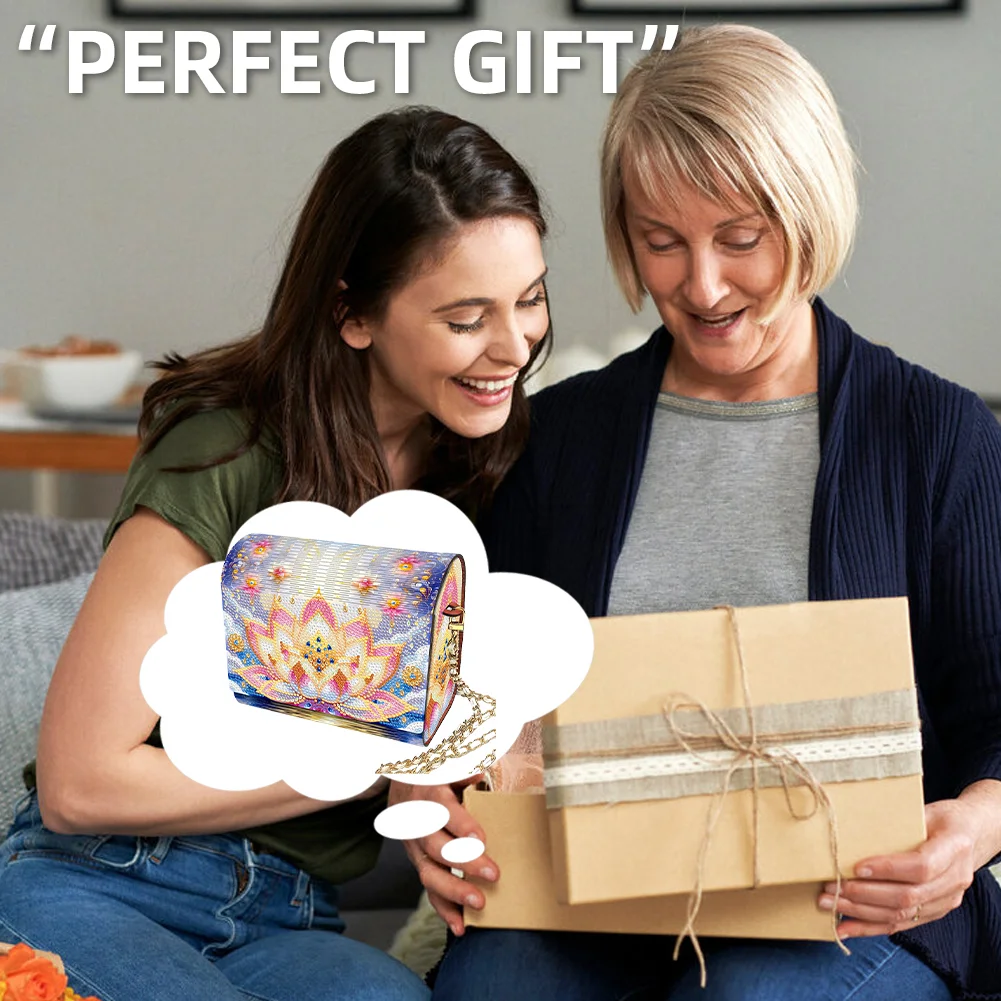 DIY Lotus Diamond Art Wooden Coin Pouch with Chain 5D Diamond Painting Purse