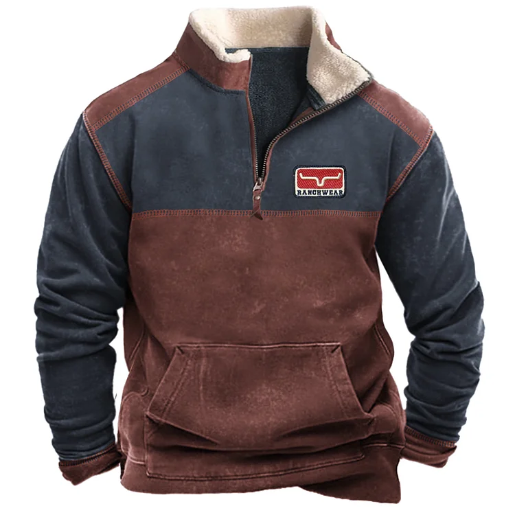 Men's Vintage Western Yellowstone Colorblock Zipper Stand Collar Sweatshirt 0bed