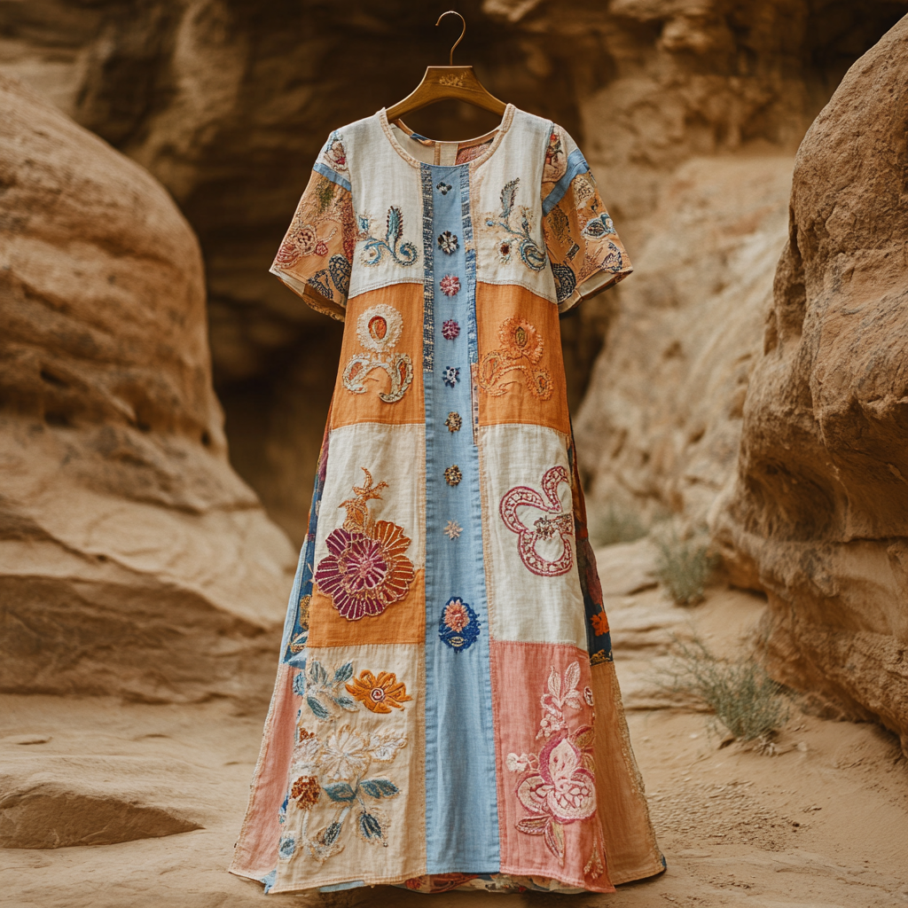 Women's Vintage Tribal Floral Patch Cotton And Linen Dress