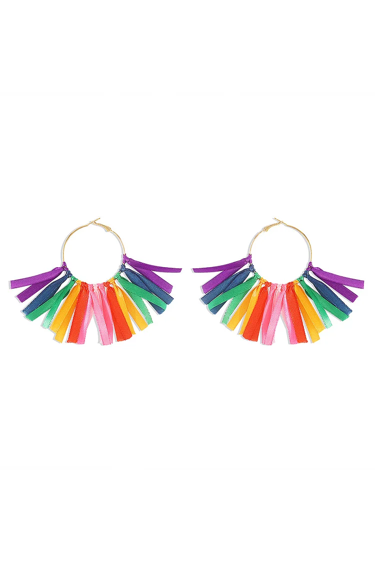 Vacation Boho Rainbow Fringed Ribbon Necklace Earrings
