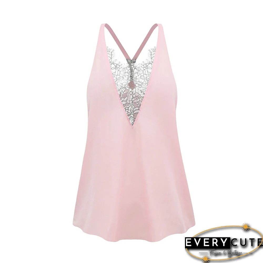 Pink V Neck Lace Detail Open Back Tank Top