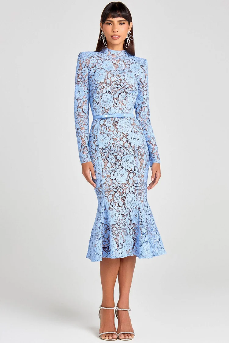 Lace See-Through Mock Neck Belt Mermaid Midi Dress-Blue