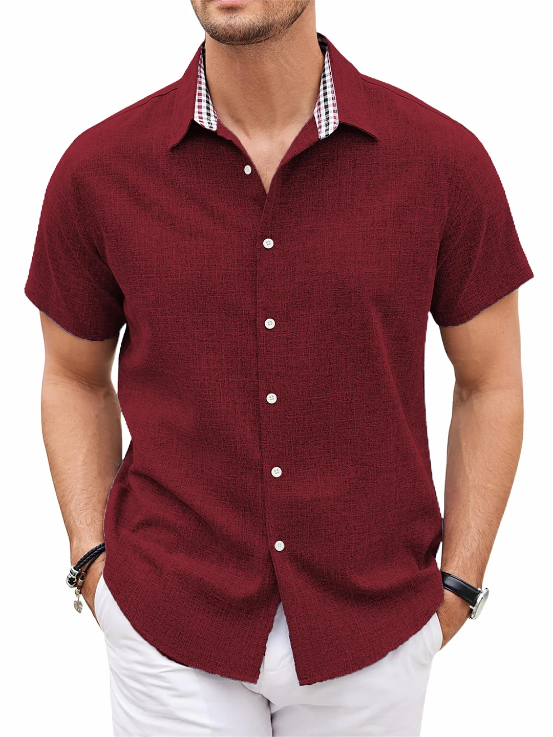 Suitmens Mens Linen Shirt Short Sleeve Button Down Shirts Casual Plaid Collar Summer Beach Shirts