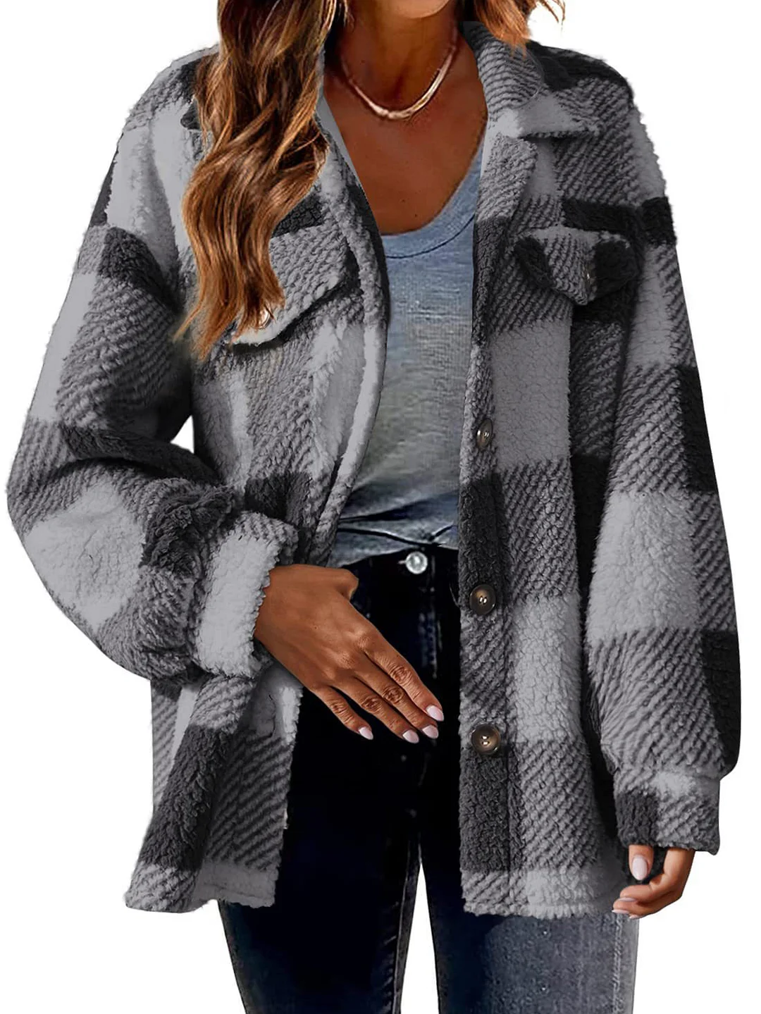 Winter Plaid Lambskin Jacket with Pockets Button Plush Coat
