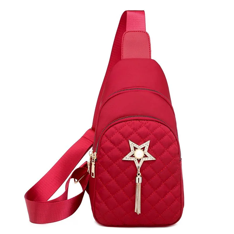 PU Leather Women Chest Back Pack Plaid Handbags small Crossbody Shoulder Bag for female Diagonal Tassels Travel Rucksacks pink