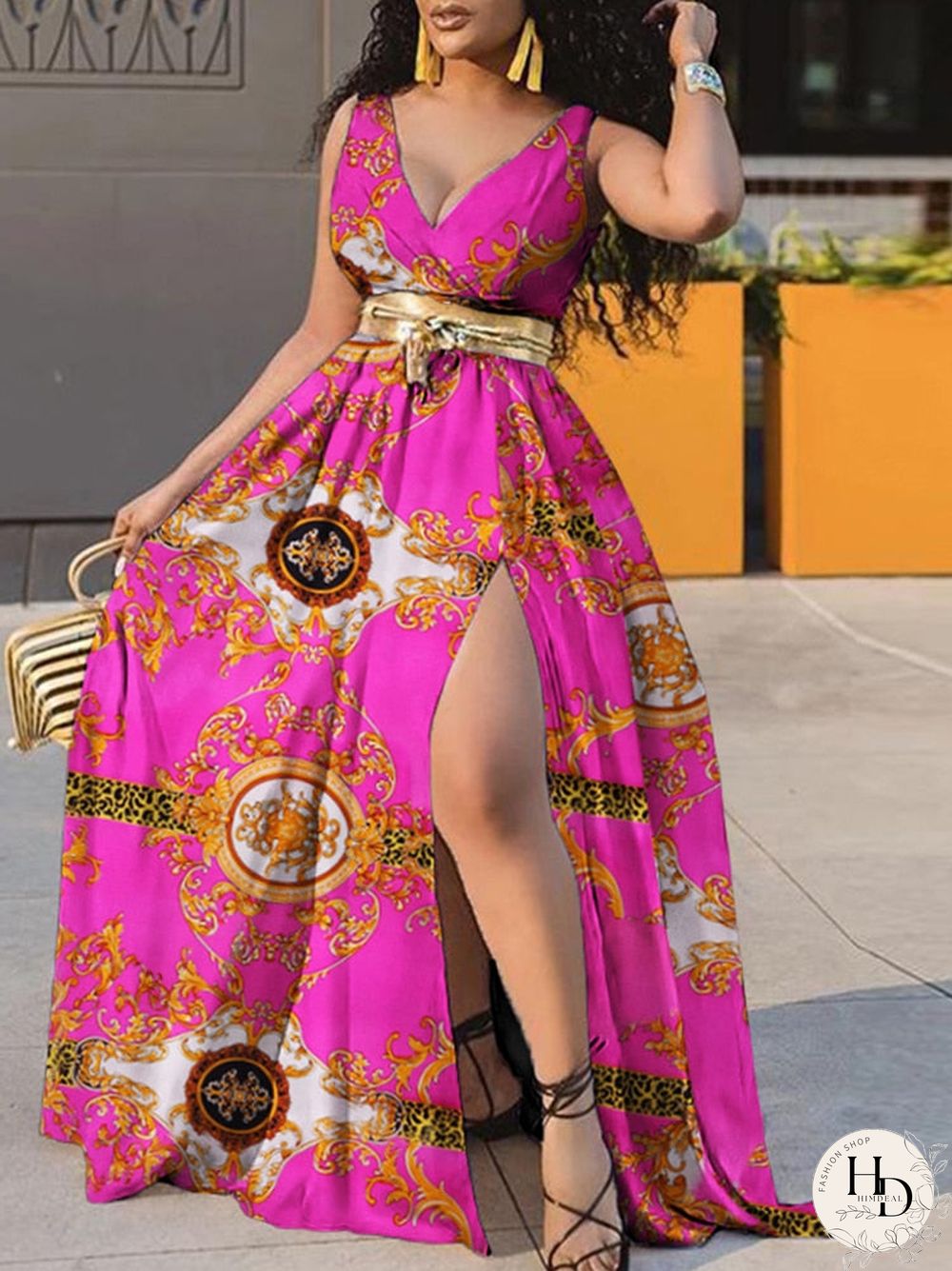 Women Sleeveless V Neck Bohemian Floral Print Beach Dress Sexy High Split Hem Robe Bohemian Vestido Party Beach Dress