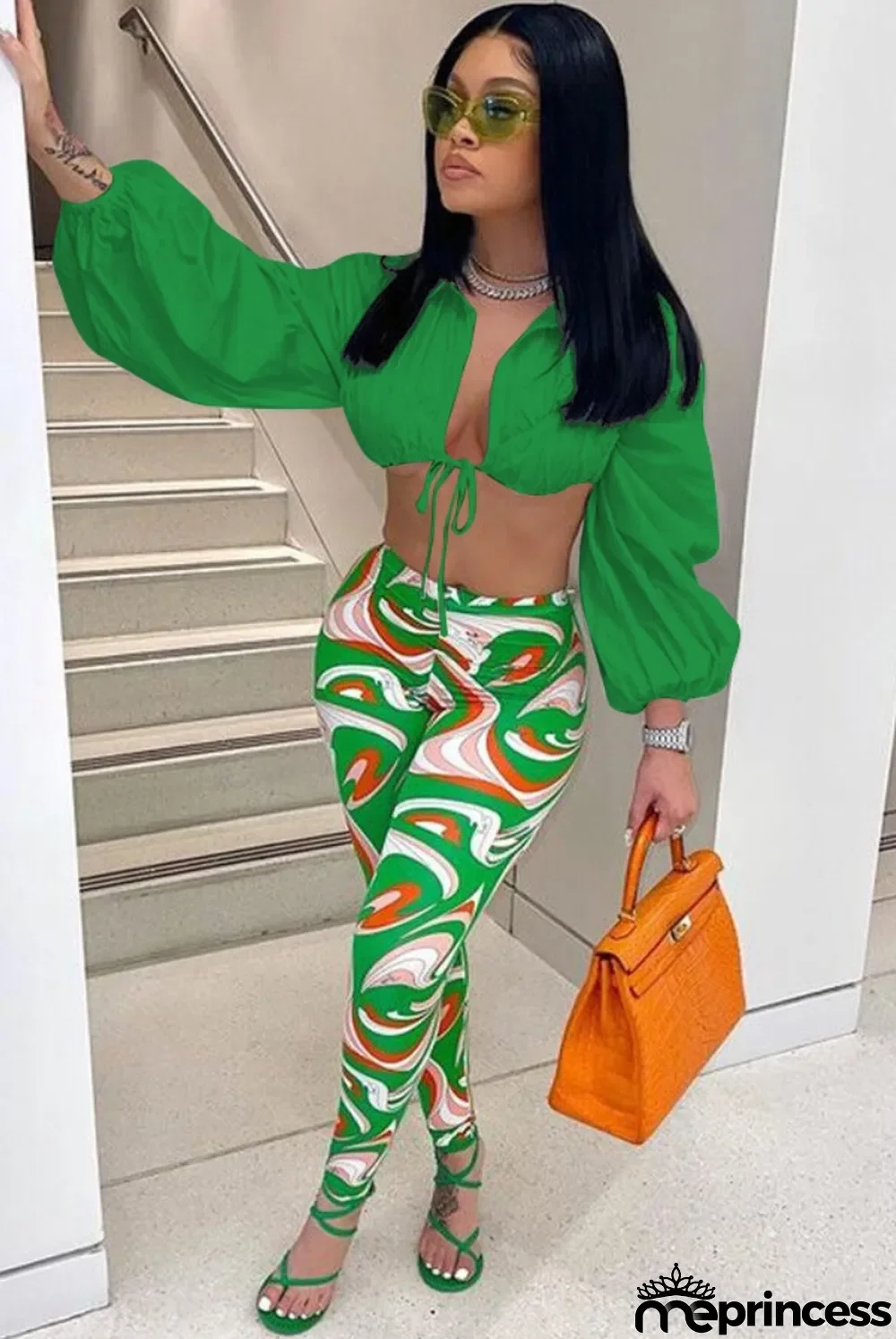 Autumn Sexy Green Turndown Collar Tie Puff Sleeve Crop Blouse