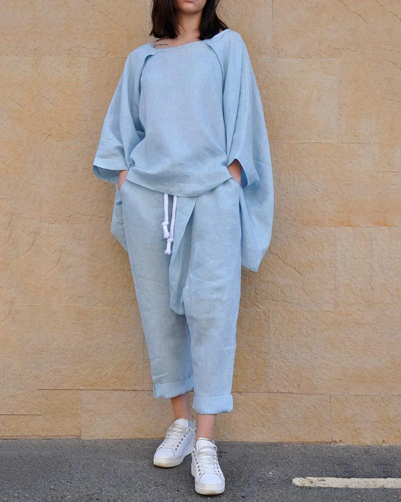 Solid color loose cotton two-piece suit