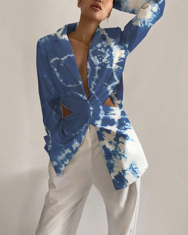 Temperament Fashion Sexy Long Sleeve Lapel Hollow Casual Tie Dye Outerwear