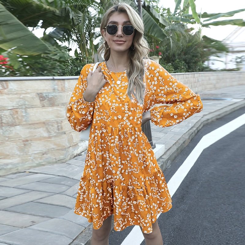 Aachoae Elegant Floral Print Mini Dress O Neck Loose Casual Pleated Dress Lantern Long Sleeve Beach Dress Summer Autumn Vestidos