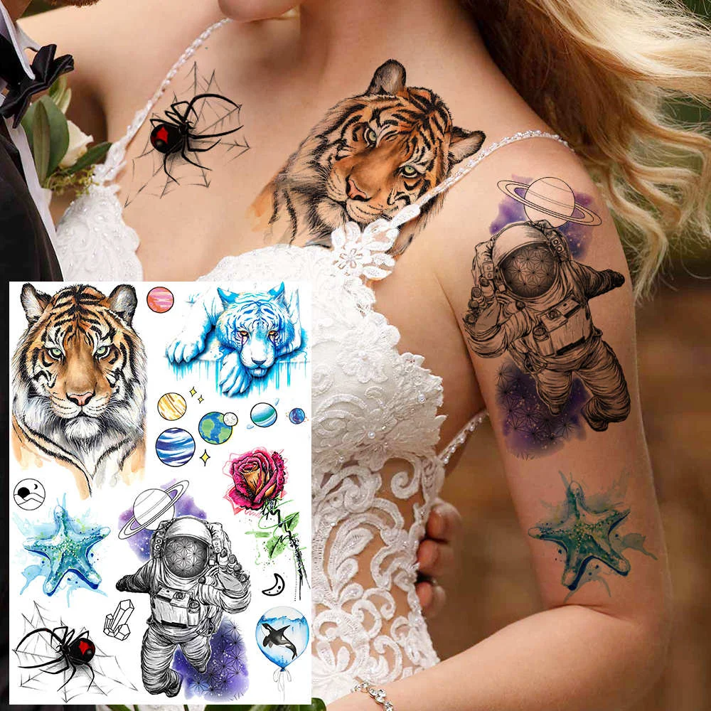 Sdrawing Sheets Watercolor Lion Tiger Wolf Temporary Tattoos For Women Men Arm Tattoo Stickers Fake Flower Skeleton Temp Tatoos Decals