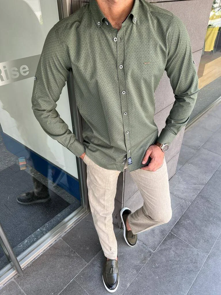 Slim Fit Italian Collar Khaki Shirt