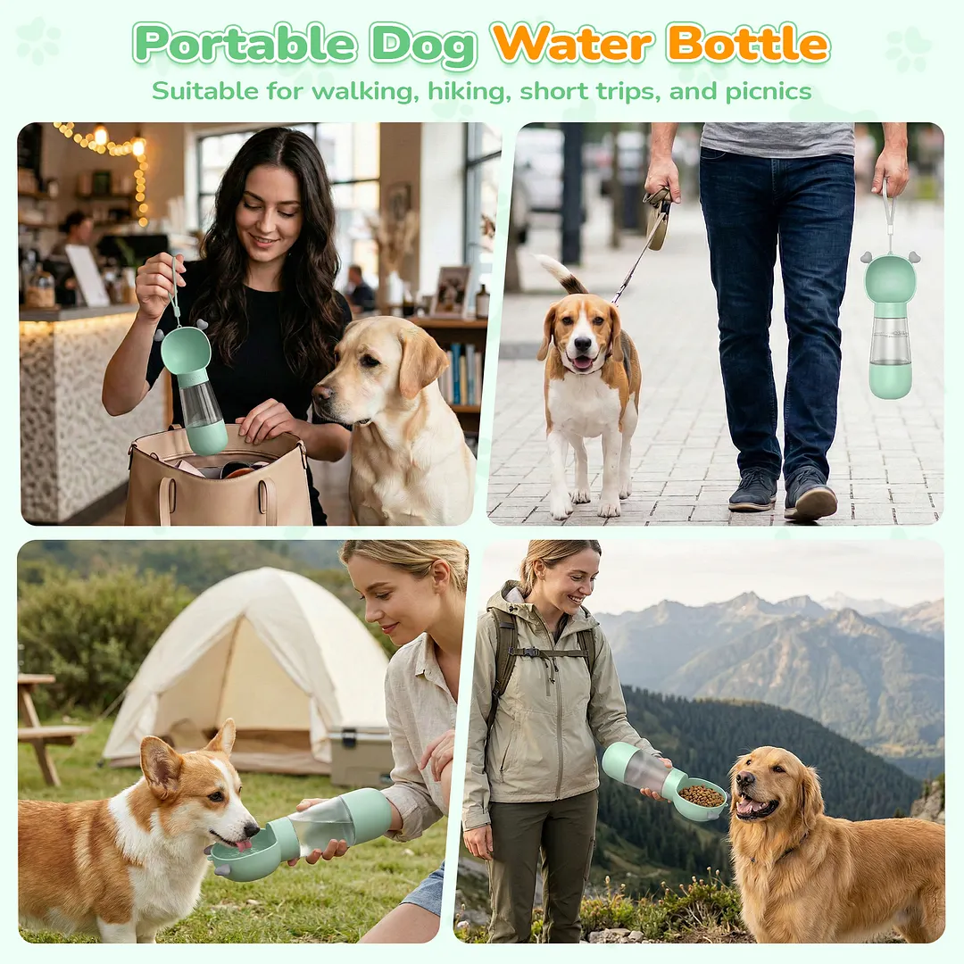 BEBANG Dog Water Bottle with Food Container, Leak-Proof Portable Pet Travel Water Cup, BPA-Free, 11.8oz/350ml Capacity for Dogs & Cats (Green)