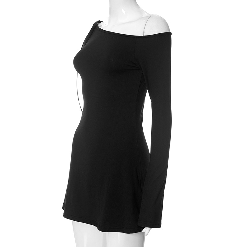 Ootddress Off-Shoulder Ruffled Bandage Mini Dress For Women Fashion Long Sleeve Patchwork Lace-Up Elegant Dress Female Solid Dress