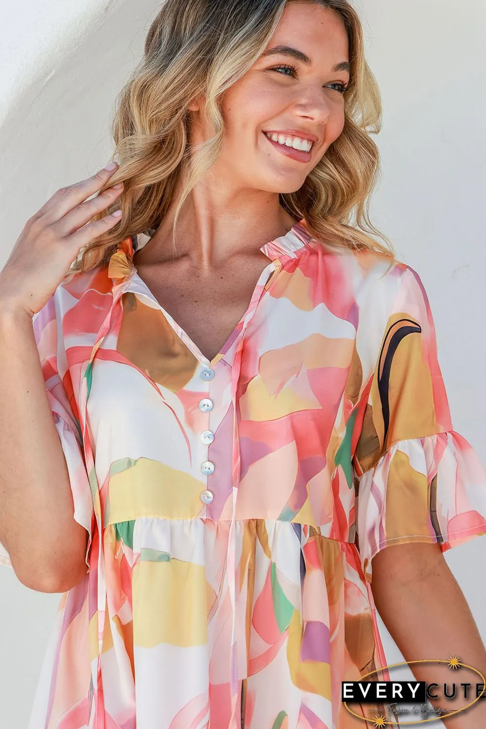 Pink Geometric Print Ruffled Short Sleeve Tied V-Neck Mini Dress