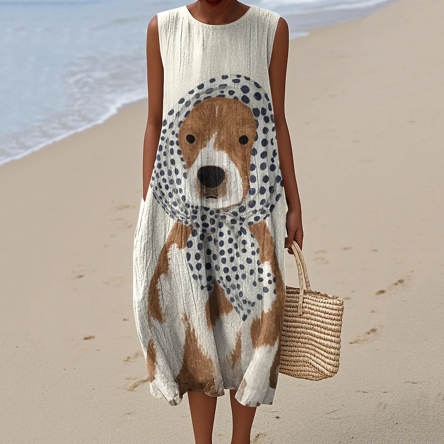Cute Dog Art Linen Tank Midi Dress wearshes