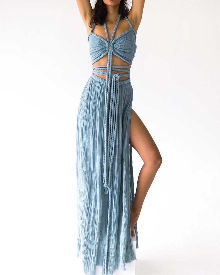 Hemp Rope Strap Camisole Slit Long Skirt Set