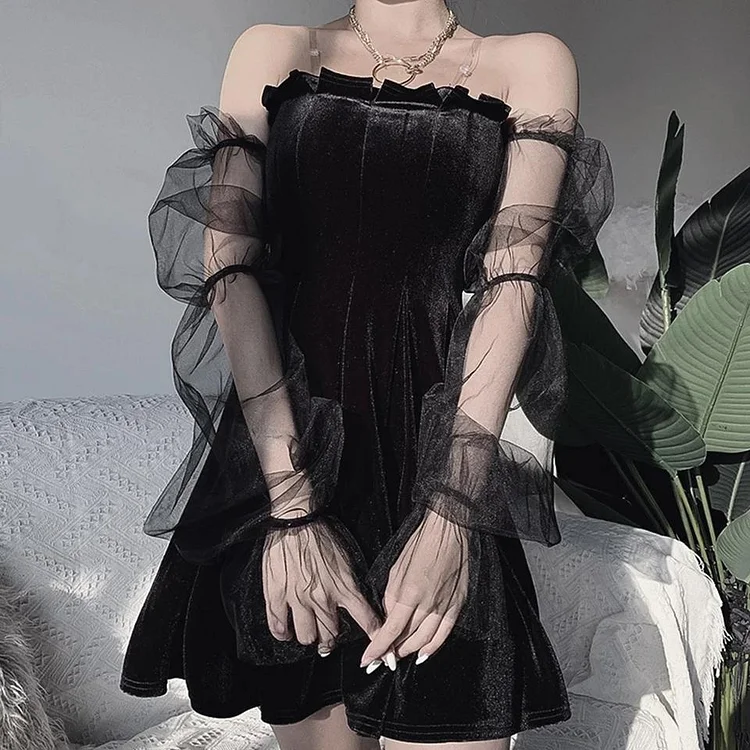 Black Velvet Off-shoulder Mesh Sleeved High Waist Pleated Dress